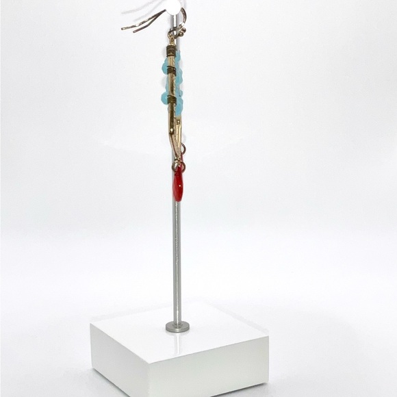 Wired Triangle Turquoise Colored Beaded Dangle with Red Gemstone Drop - Picture 3 of 4